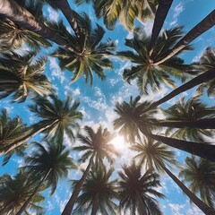 Fototapeta na wymiar Palms Against Sky - Low Angle View. Generative AI
