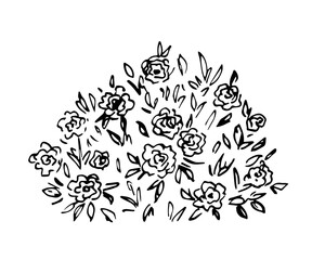 Simple black outline vector drawing. Bush of roses, peonies, garden plants, flowers. Landscaping. Lush shrub, vegetation and trees. Nature, summer. Ink sketch.