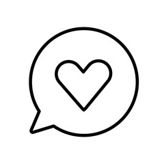 Speech bubble with heart icon on white background, vector isolated linear illustration. Like heart follow social media mark symbol on speech bubble chat. Valentines day symbol. Love sign