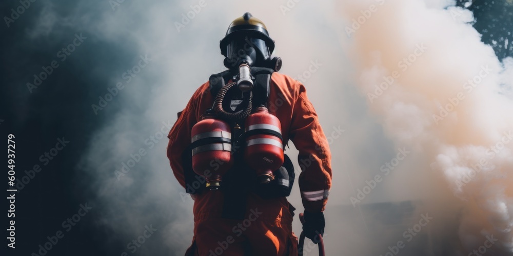Poster a firefighter in a red uniform and a gas mask. generative ai image.