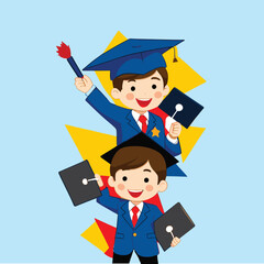 Graduate students with graduation cap and diploma on blue background. Vector illustration.