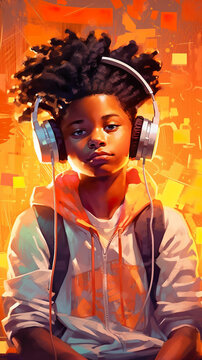 A painting of a young boy with headphones on. Generative AI.