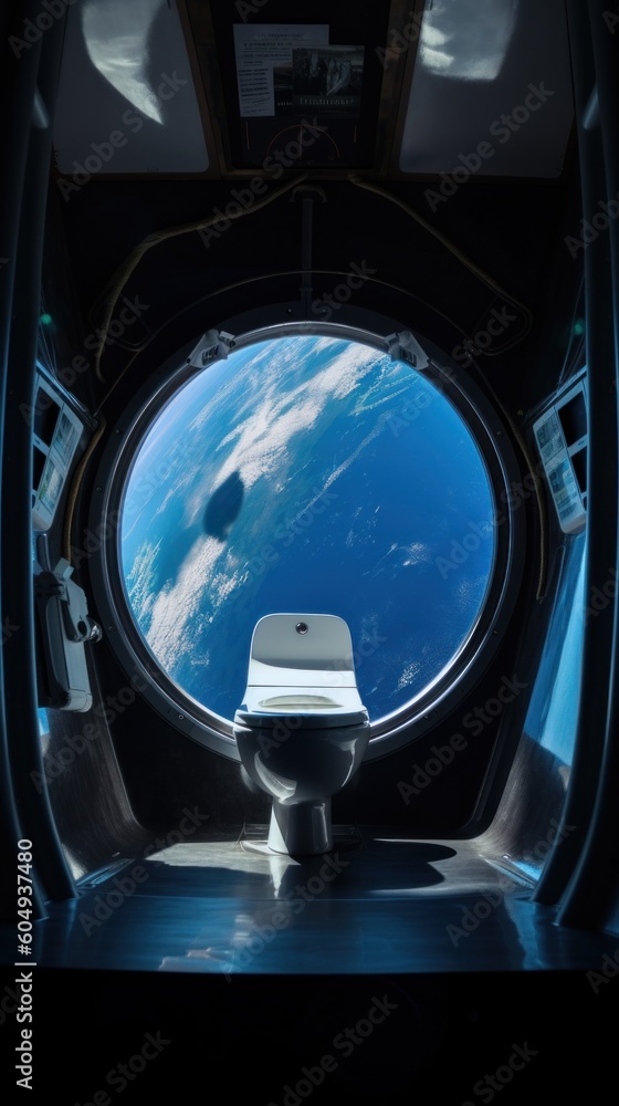 Poster a view of the earth from a space station window. generative ai image.