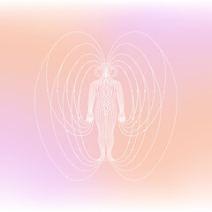 Illustration of human body magnetic energy field meridian pink orange white