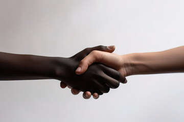 Generative AI image of unrecognizable black female shaking hands with caucasian anonymous person demonstrating solidarity for Black Lives Matter manifestation against white background