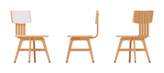 Dining side chair furniture set in natural light. Wood seat, back rest, kitchen room, cafe, restaurant classic modern interior design. Vector flat style cartoon home, office isolated, white background