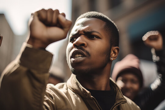 Generative AI image of low angle of African American male with fist up standing in city street with protesters and looking away while shouting slogans in daylight