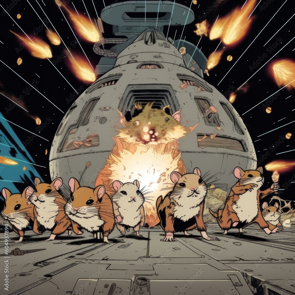 Aufkleber a group of mice standing in front of a spaceship. generative ai image.