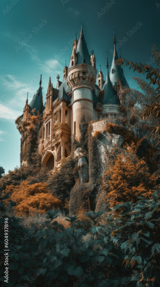 Poster a large castle with a tower on top of a hill. generative ai image.