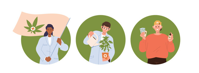Set of round frame icons with different people characters supporting cannabis for medical use