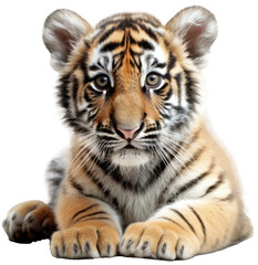 Fototapeta na wymiar Close up of a lying baby tiger cub isolated on a white background as transparent PNG, generative AI animal