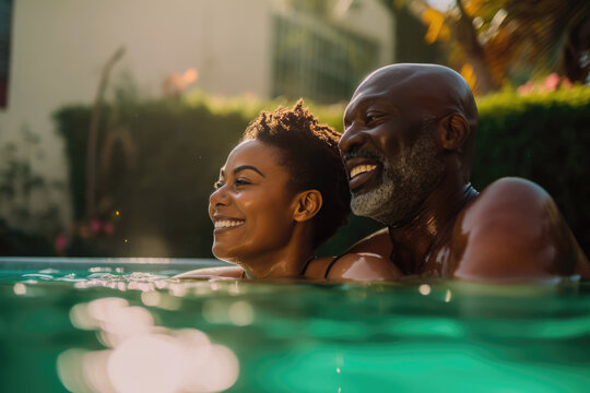 Mixed race middle age couple enjoying time in pool