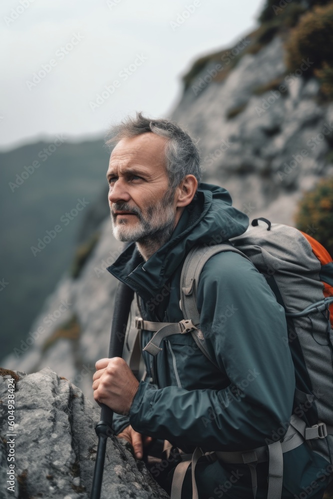 Poster a man with a backpack standing on top of a mountain. generative ai image.