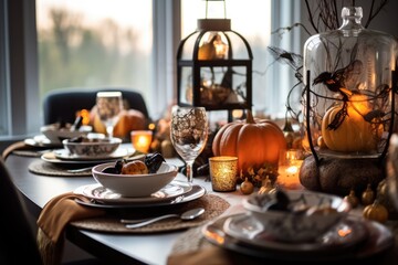 Halloween table setting with pumpkins decor
