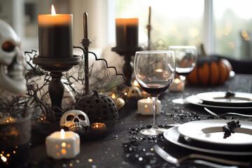 Fototapeta na wymiar Halloween table setting with pumpkins and skulls