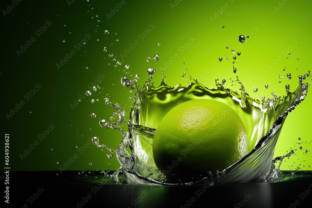 Poster a slice of lime floating in water, with a green backdrop. generative ai