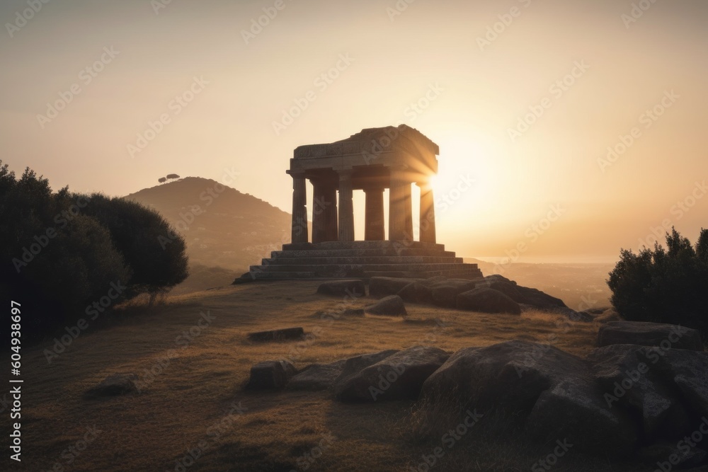 Poster the sun is setting behind a stone structure. generative ai image.