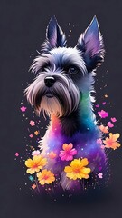 Illustration of a puppy schnauzer's face in the foreground, with lots of flowers around. Portrait of a beautiful dog. Dog and flowers.