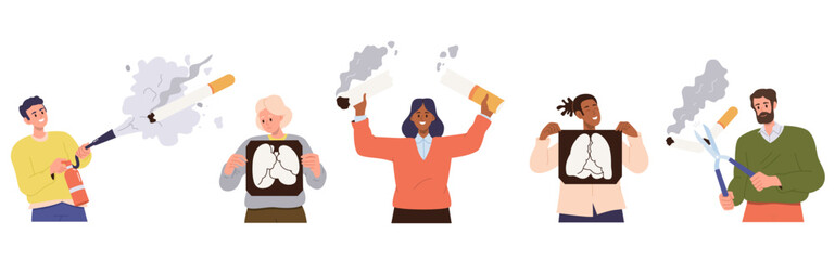 Set of happy satisfied people characters rejecting smoking breaking bad habit harmful for health
