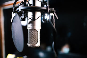 Professional condenser microphone on a microphone holder in professional sound recording studio close up.