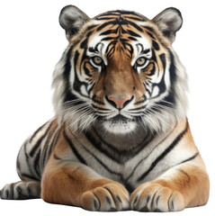 Fototapeta na wymiar lying bengal tiger on white background as transparent PNG, generative AI animal