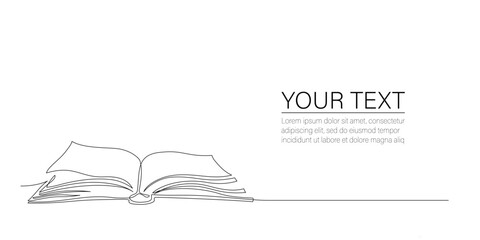 Continuous one line drawing of open book with place for text. Single line of notebook with flying pages for background. Education, business, back to school hand drawn sketch design. Concept of study