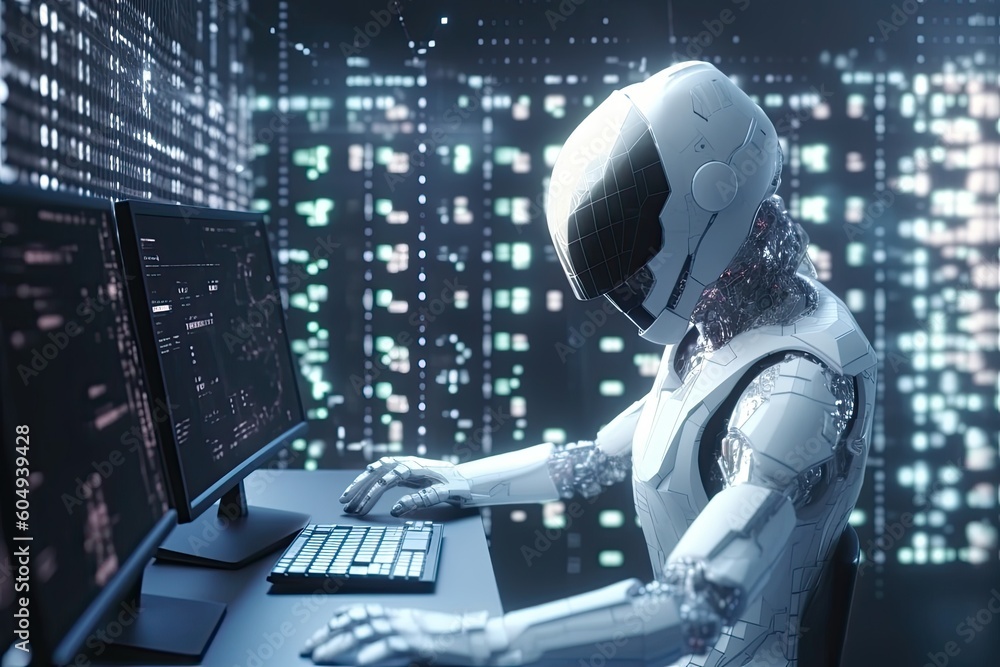 Poster futuristic robot typing and learning with laptop, chat bot. generative ai