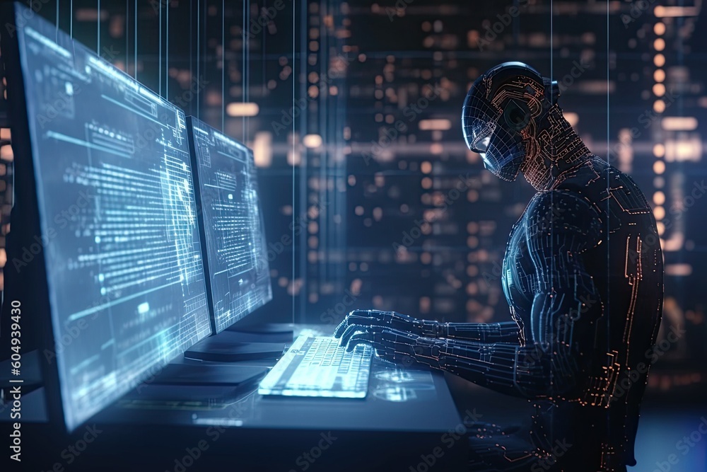 Poster futuristic robot typing and learning with laptop, chat bot. generative ai