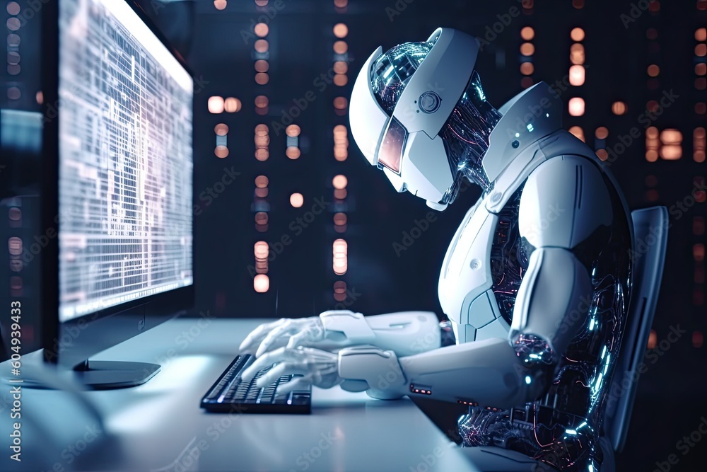 Poster futuristic robot typing and learning with laptop, chat bot. generative ai