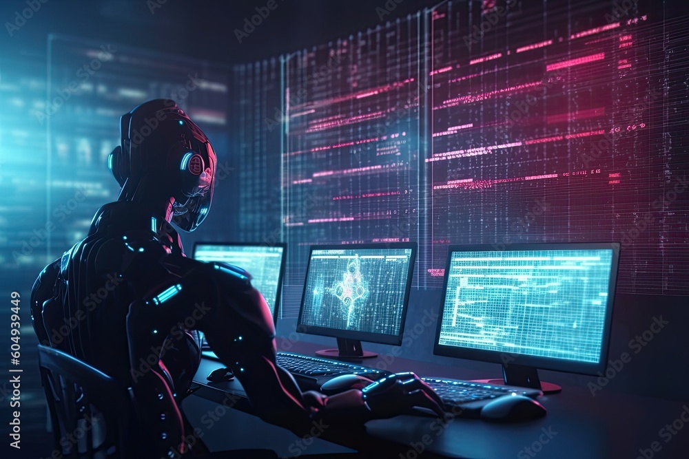 Poster futuristic robot typing and learning with laptop, chat bot. generative ai