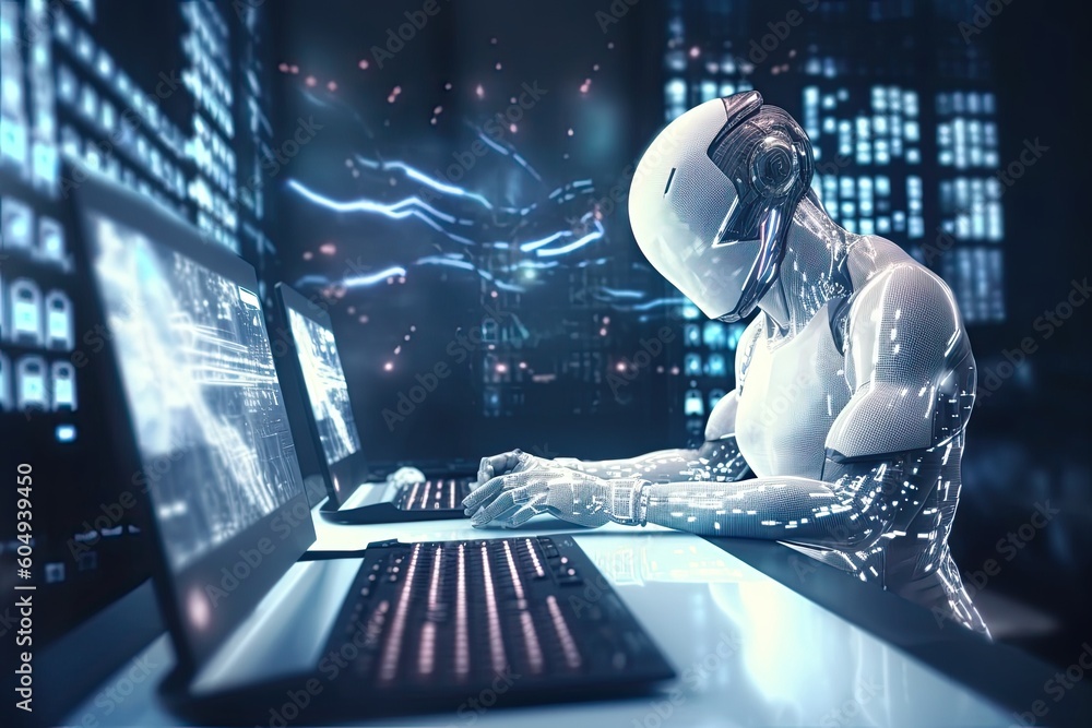 Poster futuristic robot typing and learning with laptop, chat bot. generative ai