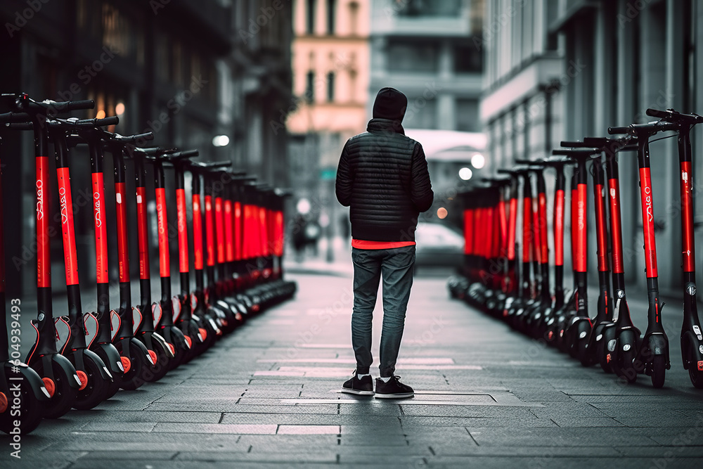 Poster a person standing in front of a row of scooters. generative ai.