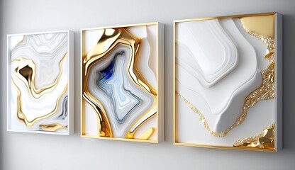 Wall frames. Golden and White liquid marble, Generative AI	
