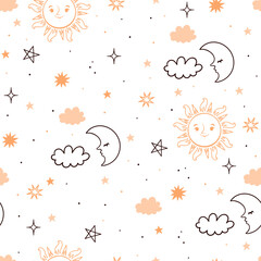 Seamless pattern with suns, moons and stars on a white background. Vector graphics.