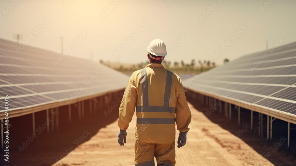 Poster a man in a hard hat and overalls walks in front of rows of solar panels. generative ai.