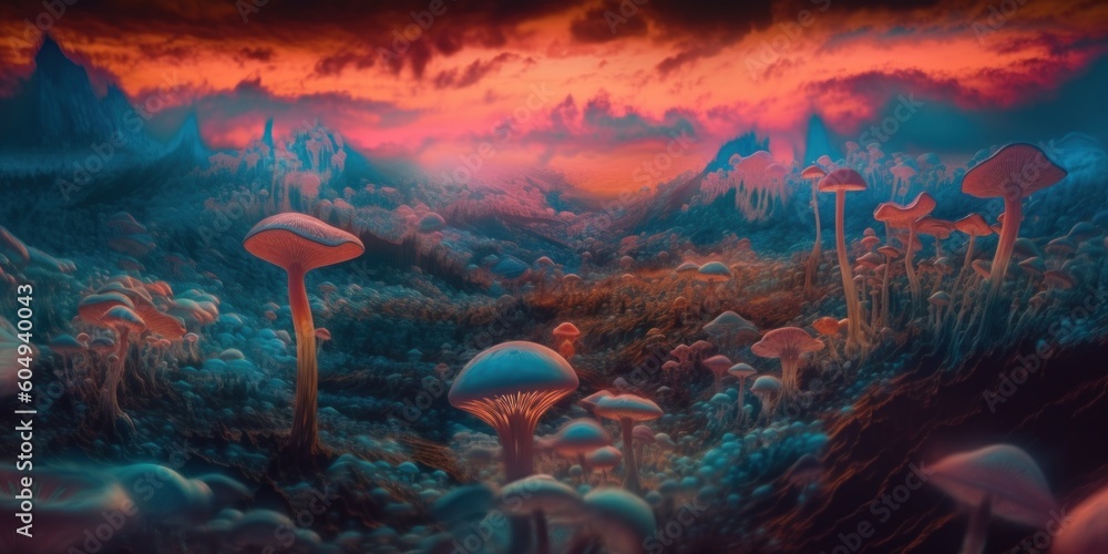 Poster a painting of a field of mushrooms with a sunset in the background. generative ai image.