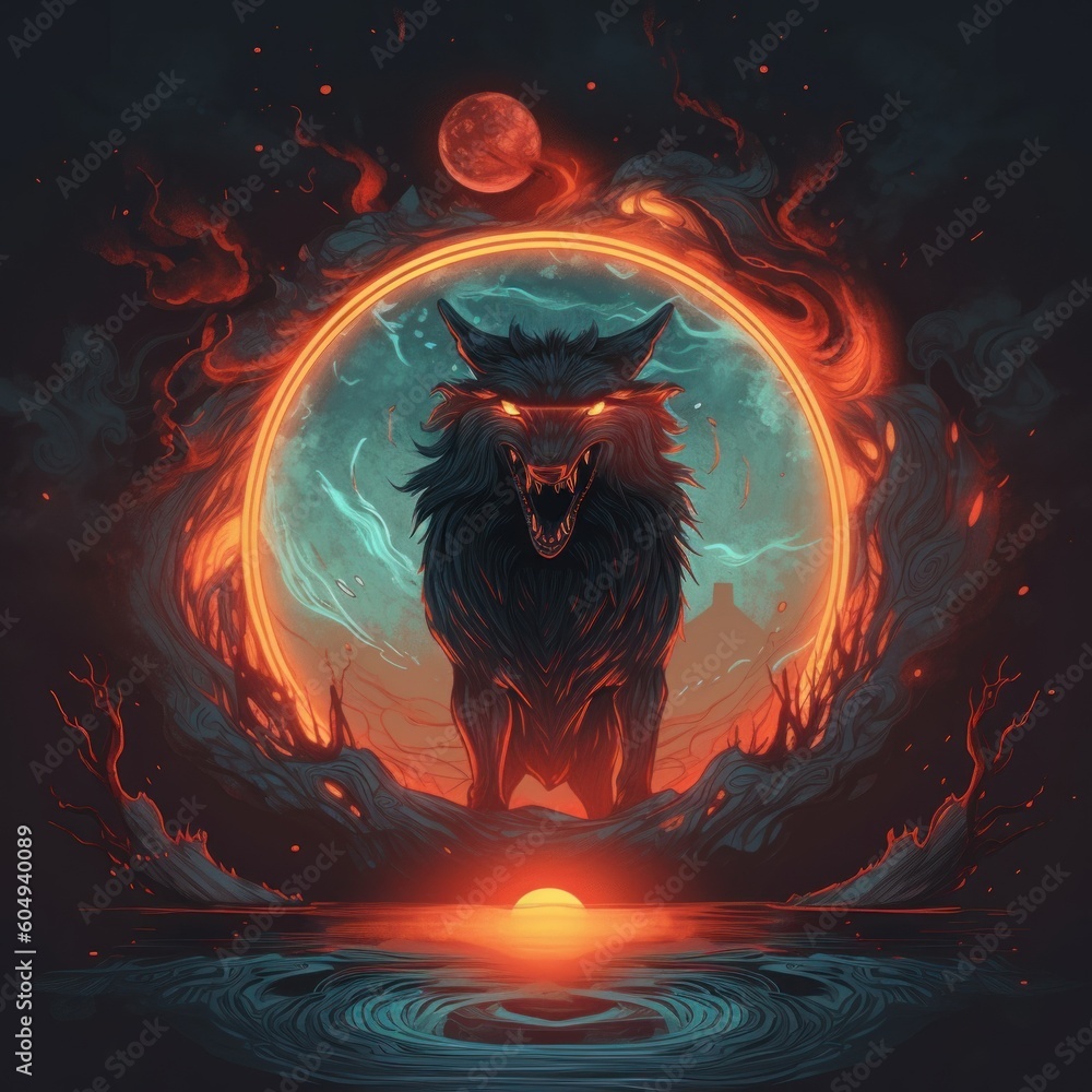 Poster a wolf standing in the middle of a circle of fire. generative ai image.