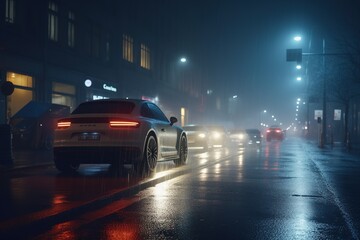 Fototapeta na wymiar 3D auto lights on misty nighttime street . .Generative AI
