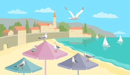 Sea view with yachts, houses and beach umbrella with seagulls. Landscape summer color illustration.