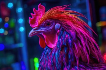 Close up of a neon light rooster. Generative AI.