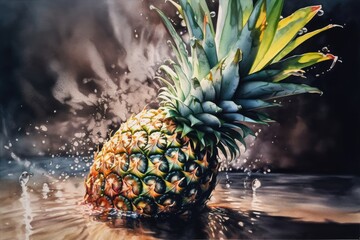 Pineapple on the floor with the splash. Generative AI.