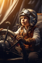 A little boy wearing a helmet and driving a motorcycle. Generative AI.