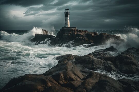  A lone lighthouse on a rocky cliff amidst stormy skies   .Generative AI