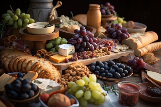 Full healthy food and fruits on the table. Generative AI.