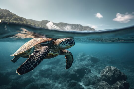  A sea turtle glides through crystal-clear blue water.  .Generative AI