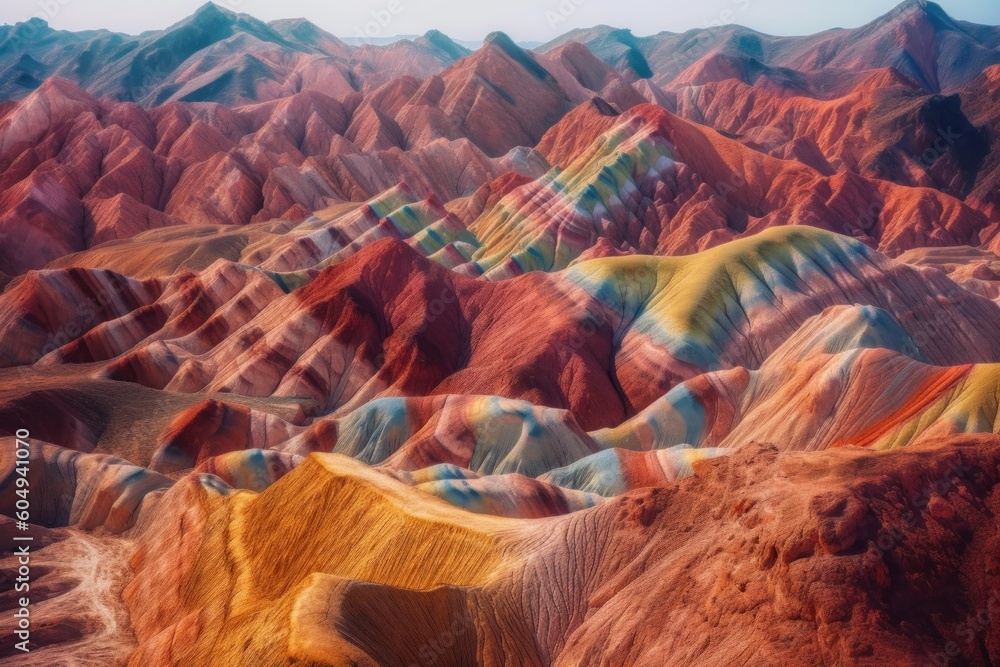 Poster a view of a colorful mountain range from a plane. generative ai image.