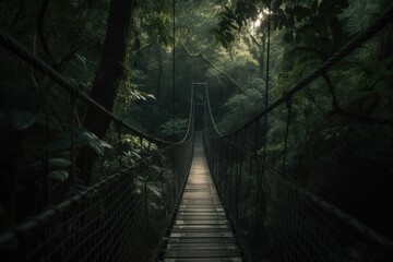 Fototapeta na wymiar Wooden bridge in the forest. Generative AI.