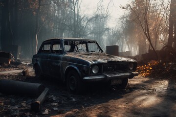 Obraz na płótnie Canvas Abandoned vehicle charred on road .Generative AI