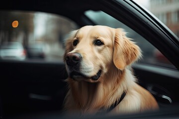 Golden retriever dog inside the car. Generative AI.
