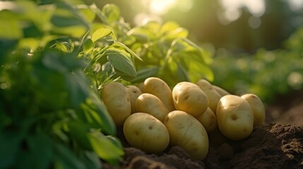 Pile of ripe potatoes on ground in field. Generative AI.